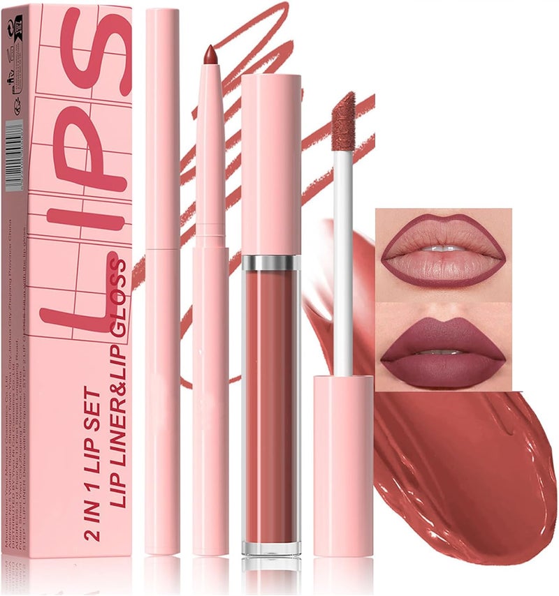 2PCS Lip Liner Lip Gloss Set Velvet Matte Long Lasting Nude Lipstick with Waterproof SmudgeProof Finish Highly Pigmented Stain Makeup Kit Everyday Wear and Pack 1Brick Red