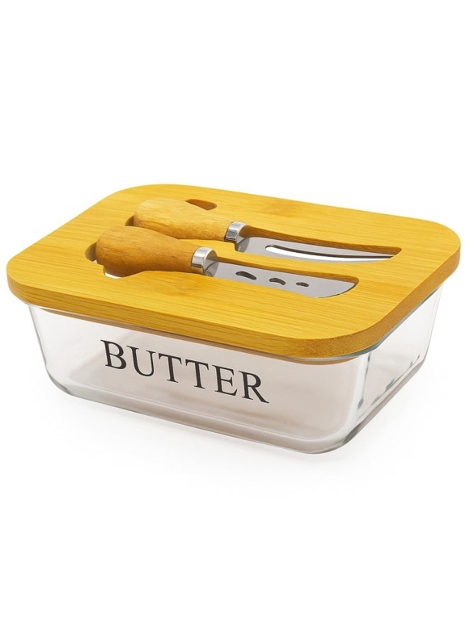 Heat-resistant glass butter dish or container with bamboo lid, spreading knife and stainless steel fork with wooden handle – microwave safe, high-quality imported design for the modern kitchen. - Image 1