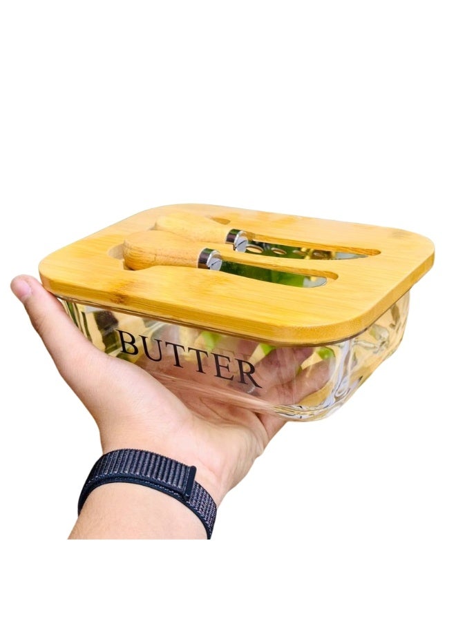 Heat-resistant glass butter dish or container with bamboo lid, spreading knife and stainless steel fork with wooden handle – microwave safe, high-quality imported design for the modern kitchen. - Image 2