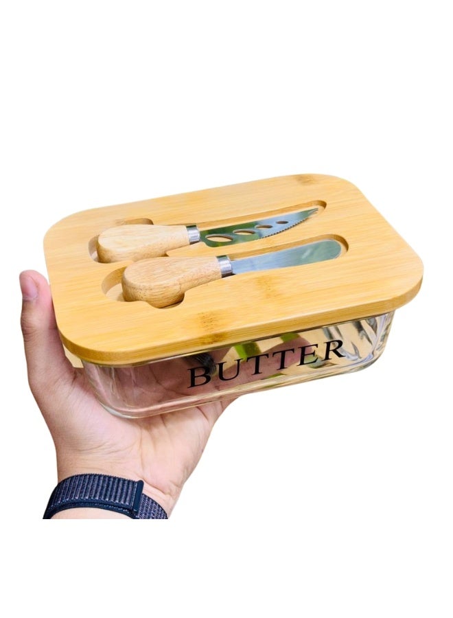 Heat-resistant glass butter dish or container with bamboo lid, spreading knife and stainless steel fork with wooden handle – microwave safe, high-quality imported design for the modern kitchen. - Image 3