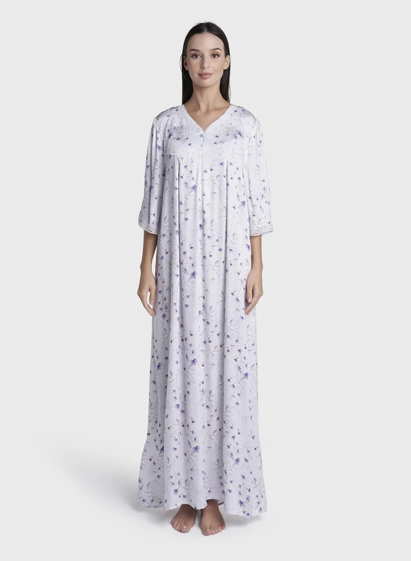 Kashkha Purple Floral Printed Viscose Long Nightwear Dress (CNH512)