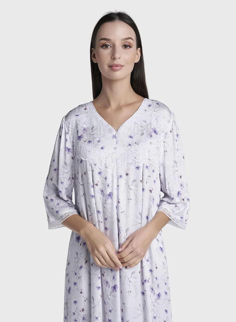 Kashkha Purple Floral Printed Viscose Long Nightwear Dress (CNH512)