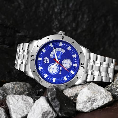 SWADESI STUFF Men's Quartz Analogue Watch, Stainless Steel, 35mm Case, Blue/Black/White Dial Combo of 3 Watches (Black Blue Silver) - Image 2