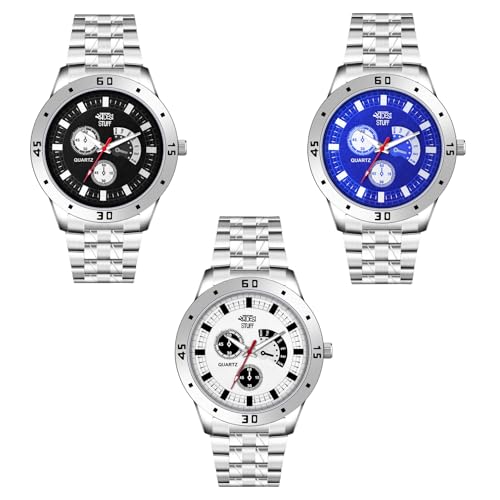 SWADESI STUFF Men's Quartz Analogue Watch, Stainless Steel, 35mm Case, Blue/Black/White Dial Combo of 3 Watches (Black Blue Silver) - Image 1