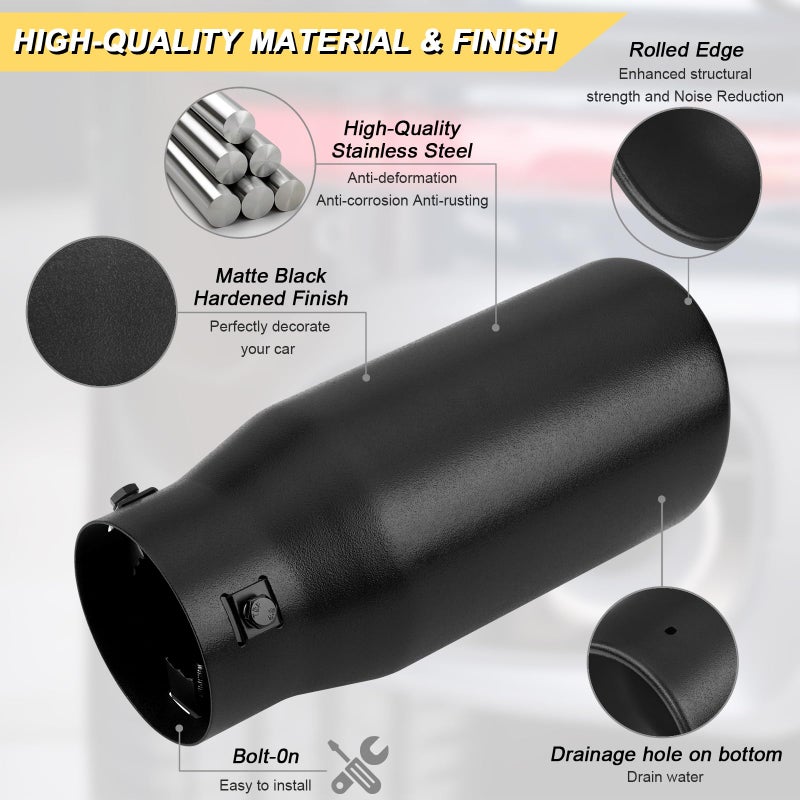 Vurkcy 1.5"-2.5" Inlet Adjustable Diesel Exhaust Tip, 4" Outlet 9" Overall Length Double Wall Stainless Steel Tail Pipe, Bolt-On, Black (fit for 1.5"/ 1.75"/ 2.0"/ 2.25"/ 2.5" OD Tailpipe) - Image 2