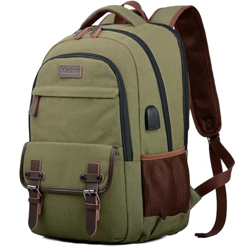 Mactso Canvas Travel Laptop Backpack for Men Women, Business Work Rucksack College School Computer Bag Fits 15.6 Inch Notebook,Bookbag with USB Charging Port (Green, 15.6 Inch) - Image 1