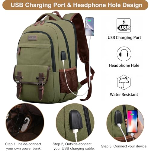 Mactso Canvas Travel Laptop Backpack for Men Women, Business Work Rucksack College School Computer Bag Fits 15.6 Inch Notebook,Bookbag with USB Charging Port (Green, 15.6 Inch) - Image 2