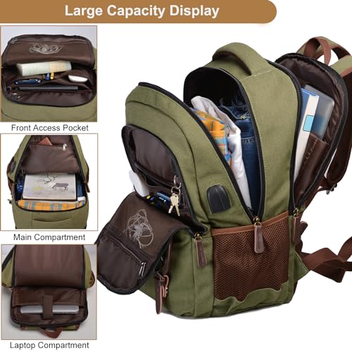 Mactso Canvas Travel Laptop Backpack for Men Women, Business Work Rucksack College School Computer Bag Fits 15.6 Inch Notebook,Bookbag with USB Charging Port (Green, 15.6 Inch) - Image 3