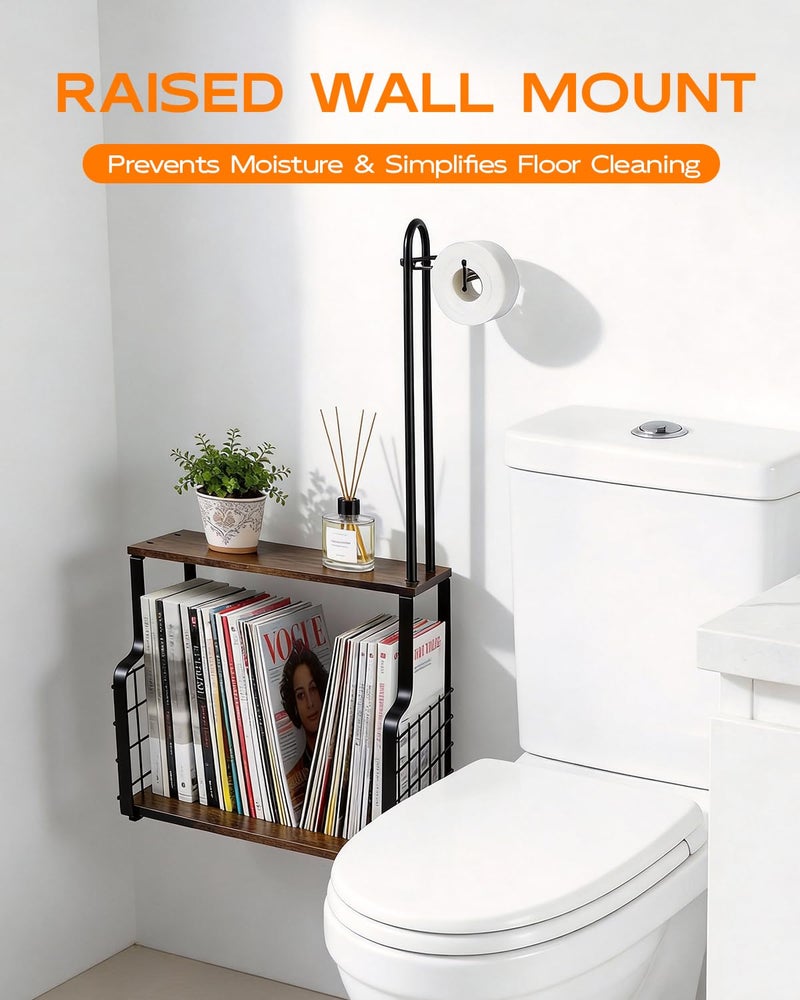 IntreLife Bathroom Toilet Paper Holder with Storage Shelf, Wall Mount Toilet Paper Holder Stand with Metal Basket, Bathroom Tissue Storage Organizer for Rolls, Magazines， Phone & Shower Essentials - Image 5