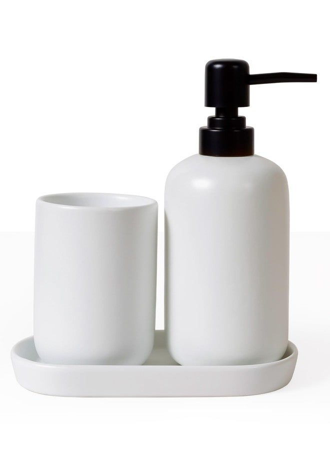 INGOFIN 3 Pcs Ceramic Bathroom Accessory Set - Liquid Soap Dispenser, Toothbrush Holder & Tray, Bathroom Counter Set, Countertop Essentials for Home, Guest Bathroom, or Office Use, White - Image 1