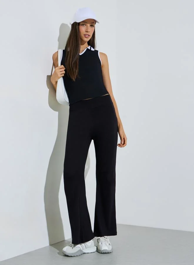 ستايلي Black Sleeveless Contrast Polo Neck Ribbed Tank Top