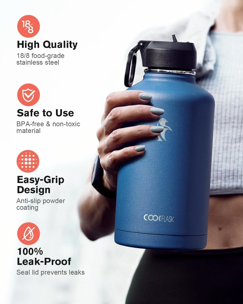 Coolflask Water Bottle Insulated 64 oz with Straw & 3 Lids, Coolflask Half Gallon Water Jug Large Metal Stainless Steel Wide Mouth for Sports, Gym or Office, Non-BPA Keep Cold 48H Hot 24H, King's Blue - Image 3