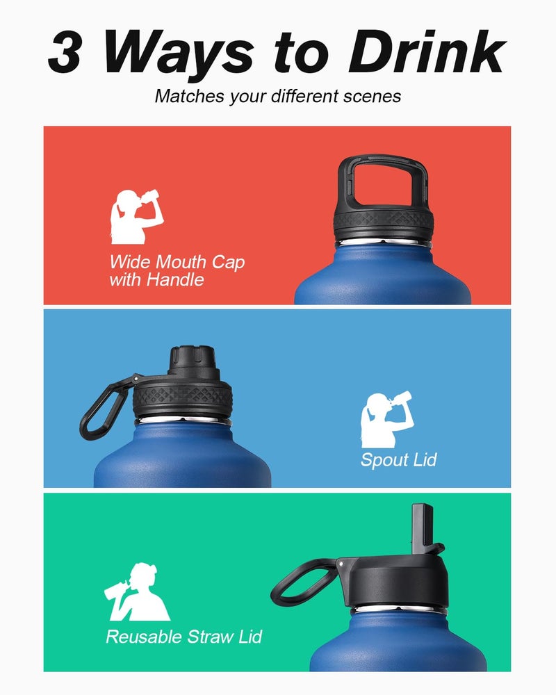 Coolflask Water Bottle Insulated 64 oz with Straw & 3 Lids, Coolflask Half Gallon Water Jug Large Metal Stainless Steel Wide Mouth for Sports, Gym or Office, Non-BPA Keep Cold 48H Hot 24H, King's Blue - Image 5