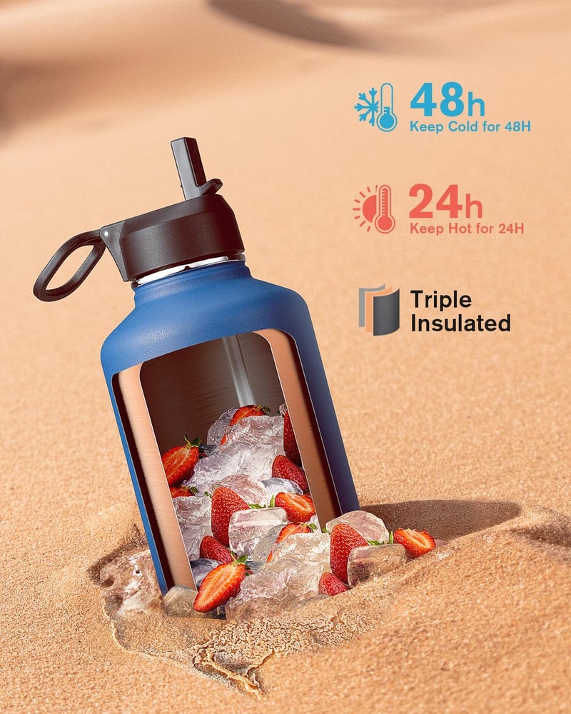 Coolflask Water Bottle Insulated 64 oz with Straw & 3 Lids, Coolflask Half Gallon Water Jug Large Metal Stainless Steel Wide Mouth for Sports, Gym or Office, Non-BPA Keep Cold 48H Hot 24H, King's Blue - Image 2