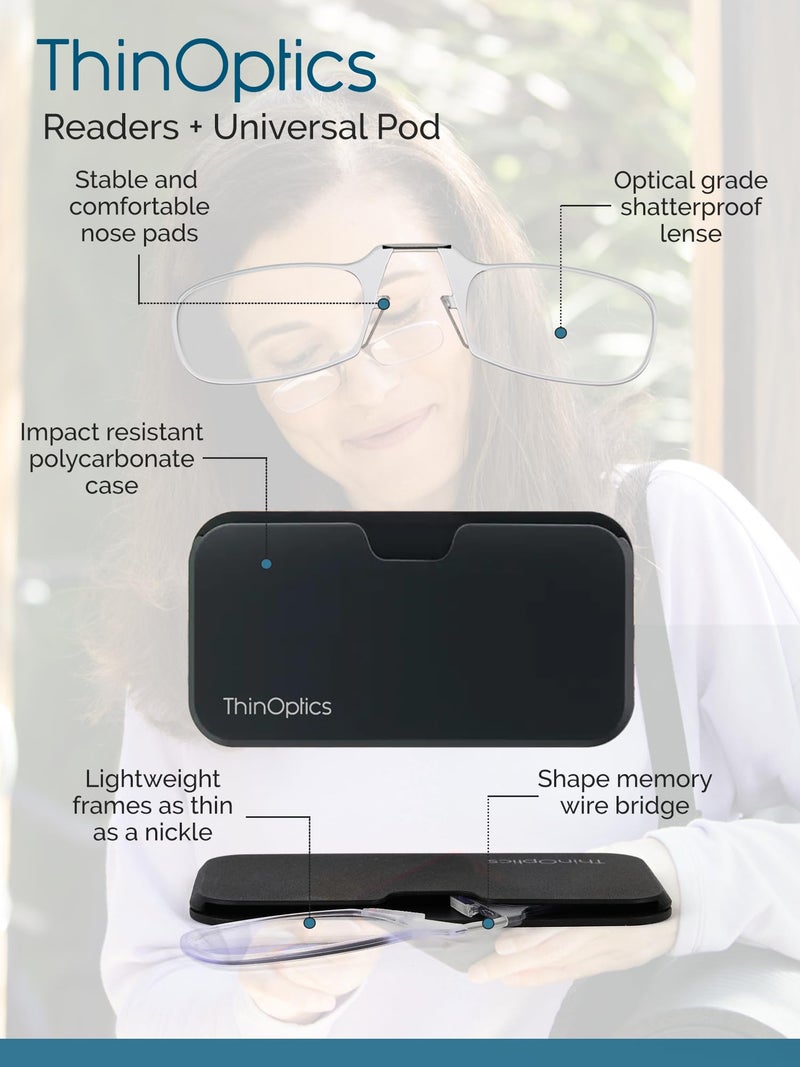 ThinOptics Universal Case and Readers Rectangular Reading Glasses, Silver Black Metal Pod with Black Frames, 1.0 Strength + 1 - Image 4