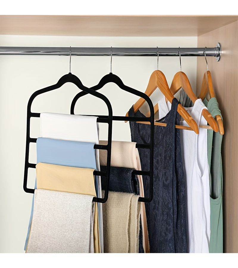 Black Velvet Pants Hanger 4 Tier Scarf And Jeans Organizer Space Saving Non Slip Shorts Hanger For Loose Trousers Multi Layer Clothes Organizer Wardrobe Accessory - Image 2