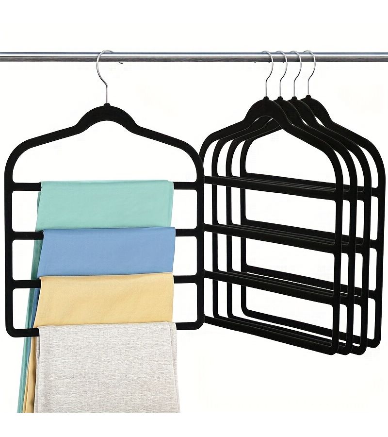Black Velvet Pants Hanger 4 Tier Scarf And Jeans Organizer Space Saving Non Slip Shorts Hanger For Loose Trousers Multi Layer Clothes Organizer Wardrobe Accessory - Image 1