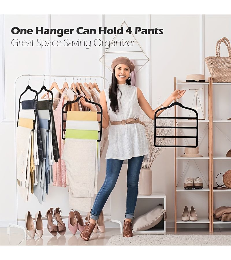 Black Velvet Pants Hanger 4 Tier Scarf And Jeans Organizer Space Saving Non Slip Shorts Hanger For Loose Trousers Multi Layer Clothes Organizer Wardrobe Accessory - Image 5