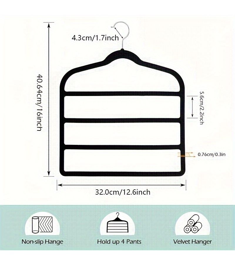 Black Velvet Pants Hanger 4 Tier Scarf And Jeans Organizer Space Saving Non Slip Shorts Hanger For Loose Trousers Multi Layer Clothes Organizer Wardrobe Accessory - Image 3