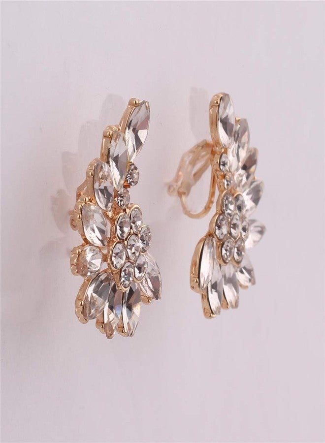 Grace Jun Luxury Fashion Gold Color Crystal Clip on Earrings Without Piecing for Women Party Wedding Anti-Allergy Earrirngs (White) - Image 5