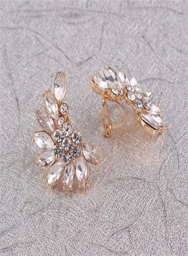 Grace Jun Luxury Fashion Gold Color Crystal Clip on Earrings Without Piecing for Women Party Wedding Anti-Allergy Earrirngs (White) - Image 4
