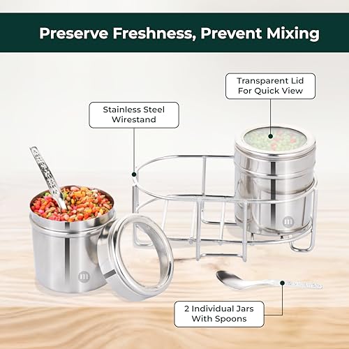 MARU Stainless Steel 2-in-1 Mukhwas Container with Wirestand, 130ml Each, Durable Containers with See-Through Lids, Ideal for Spices, Dry Fruits, Mouth Fresheners, Kitchen Organizer - Image 4