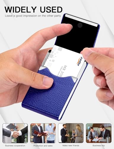 Padike Professional Business Card Holder PU Leather Business Card Case Name Card Holder Slim Metal Pocket Card Holder with Magnetic Shut (Blue) - Image 5
