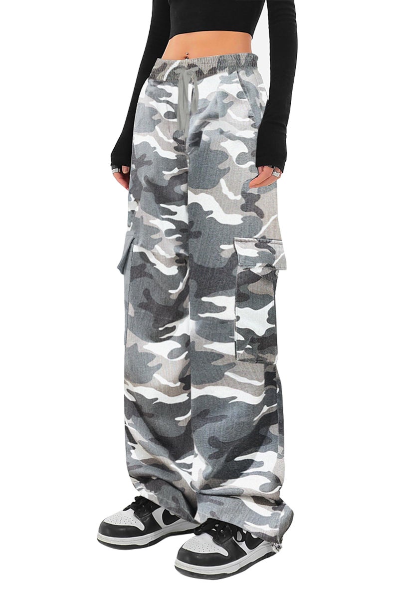 SESERAGI Cargo Pants Women Baggy Streetwear Y2K Drawstring Trousers Wide Leg Pants Light Grey L - Image 1