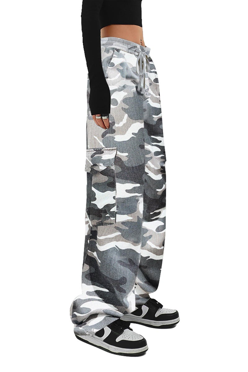 SESERAGI Cargo Pants Women Baggy Streetwear Y2K Drawstring Trousers Wide Leg Pants Light Grey L - Image 3