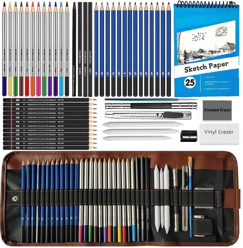 Corslet 52pc Sketch Pencil Set Drawing Kit Drawing Pencils 25 Sheets Sketchbook A5 Charcoal Pencils for Artists Watercolor Colour Shading Pencils Set Blending Stumps Sketching Kit Art Supplies - Image 1