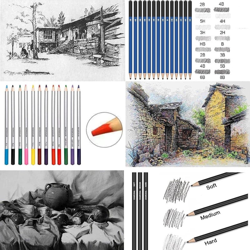 Corslet 52pc Sketch Pencil Set Drawing Kit Drawing Pencils 25 Sheets Sketchbook A5 Charcoal Pencils for Artists Watercolor Colour Shading Pencils Set Blending Stumps Sketching Kit Art Supplies - Image 3