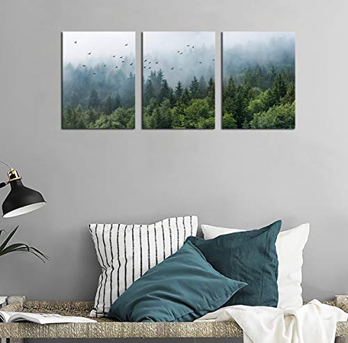 tigeridge Green Forest Wall Art Tropical Foggy Forest Mountain Bird Contemporary Canvas Pictures Modern Artwork Framed for Bathroom Bedroom Nursery Living Room Home Office Kitchen Wall Decor 12" x 16" 3 Pieces - Image 2