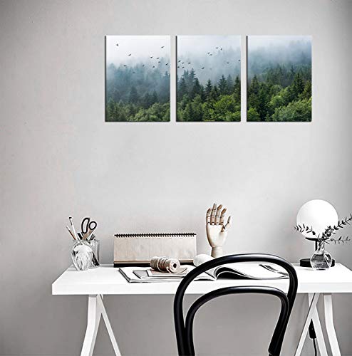tigeridge Green Forest Wall Art Tropical Foggy Forest Mountain Bird Contemporary Canvas Pictures Modern Artwork Framed for Bathroom Bedroom Nursery Living Room Home Office Kitchen Wall Decor 12" x 16" 3 Pieces - Image 5