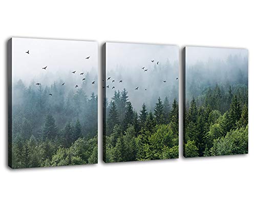 tigeridge Green Forest Wall Art Tropical Foggy Forest Mountain Bird Contemporary Canvas Pictures Modern Artwork Framed for Bathroom Bedroom Nursery Living Room Home Office Kitchen Wall Decor 12" x 16" 3 Pieces - Image 1