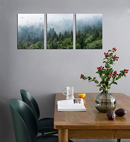 tigeridge Green Forest Wall Art Tropical Foggy Forest Mountain Bird Contemporary Canvas Pictures Modern Artwork Framed for Bathroom Bedroom Nursery Living Room Home Office Kitchen Wall Decor 12" x 16" 3 Pieces - Image 4