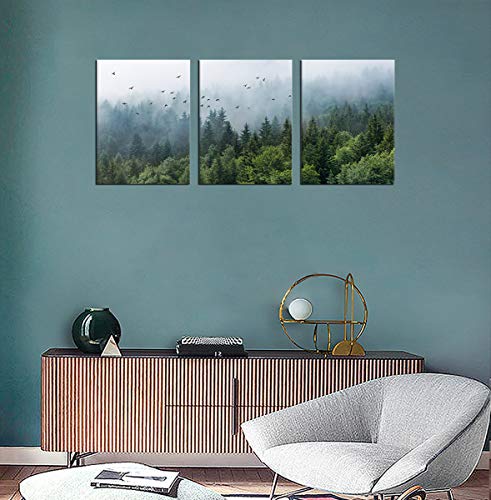 tigeridge Green Forest Wall Art Tropical Foggy Forest Mountain Bird Contemporary Canvas Pictures Modern Artwork Framed for Bathroom Bedroom Nursery Living Room Home Office Kitchen Wall Decor 12" x 16" 3 Pieces - Image 3