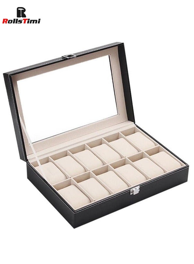 RollsTimi  12 Slot Leather Watch Box Display Case Organizer with Framed Glass Lid Elegant Contrast and Removable Pillow - Image 1