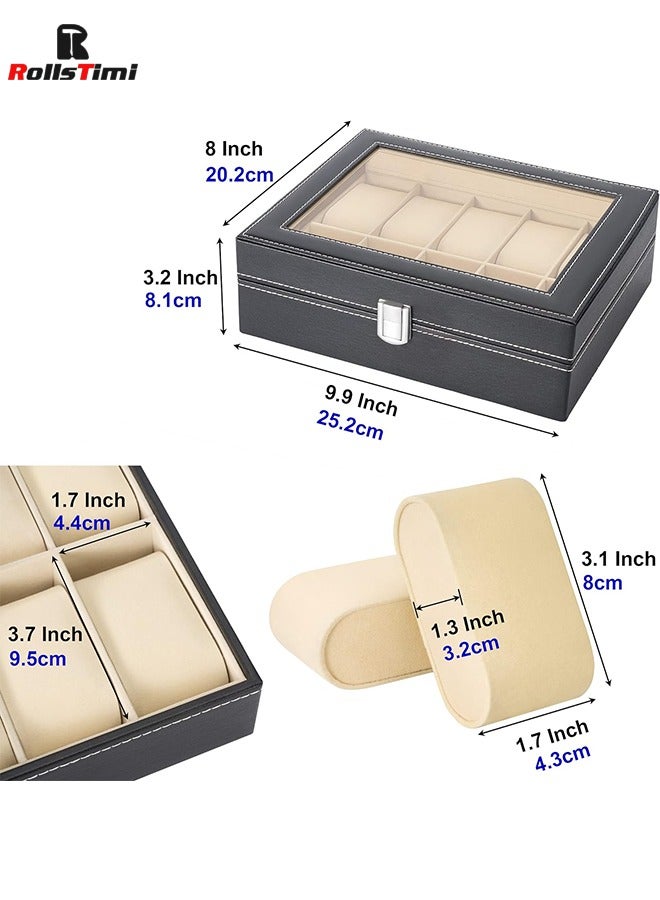 RollsTimi  12 Slot Leather Watch Box Display Case Organizer with Framed Glass Lid Elegant Contrast and Removable Pillow - Image 3