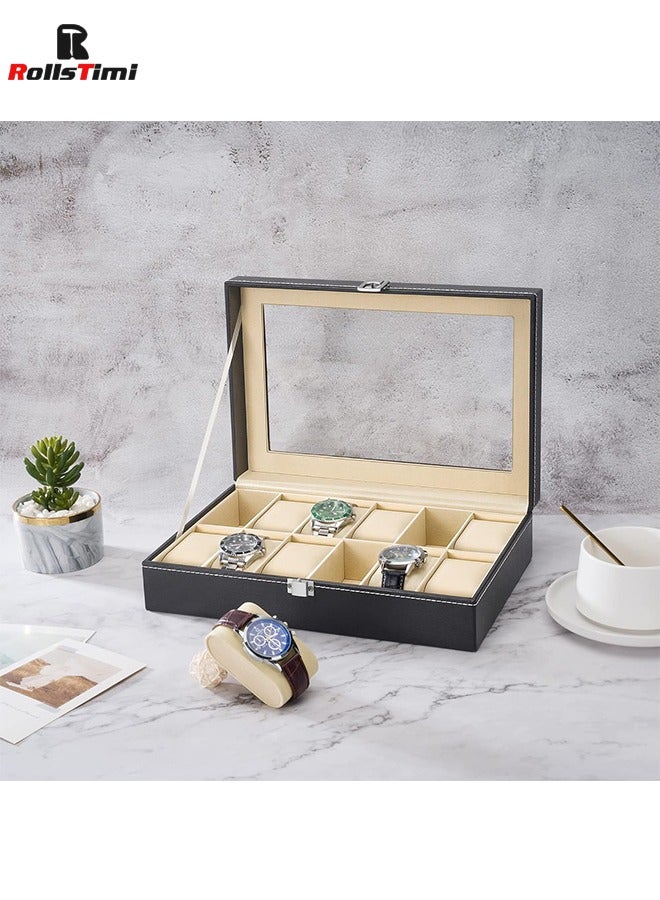 RollsTimi  12 Slot Leather Watch Box Display Case Organizer with Framed Glass Lid Elegant Contrast and Removable Pillow - Image 2