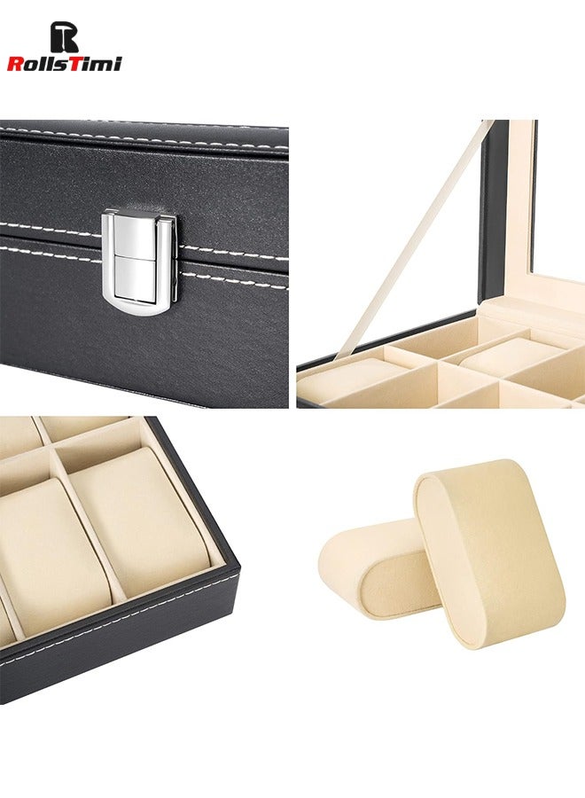 RollsTimi  12 Slot Leather Watch Box Display Case Organizer with Framed Glass Lid Elegant Contrast and Removable Pillow - Image 4