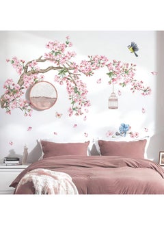 decalmile decalmile Cherry Blossom Tree Branch Wall Decals Pink Flower Birds Wall Stickers Bedroom Living Room Sofa TV Background Wall Decor  - Image 1