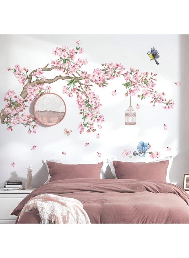 decalmile Cherry Blossom Tree Branch Wall Decals Pink Flower Birds Wall Stickers Bedroom Living Room Sofa TV Background Wall Decor - Image 1