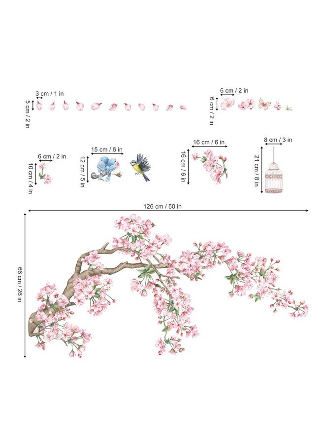 decalmile Cherry Blossom Tree Branch Wall Decals Pink Flower Birds Wall Stickers Bedroom Living Room Sofa TV Background Wall Decor - Image 4
