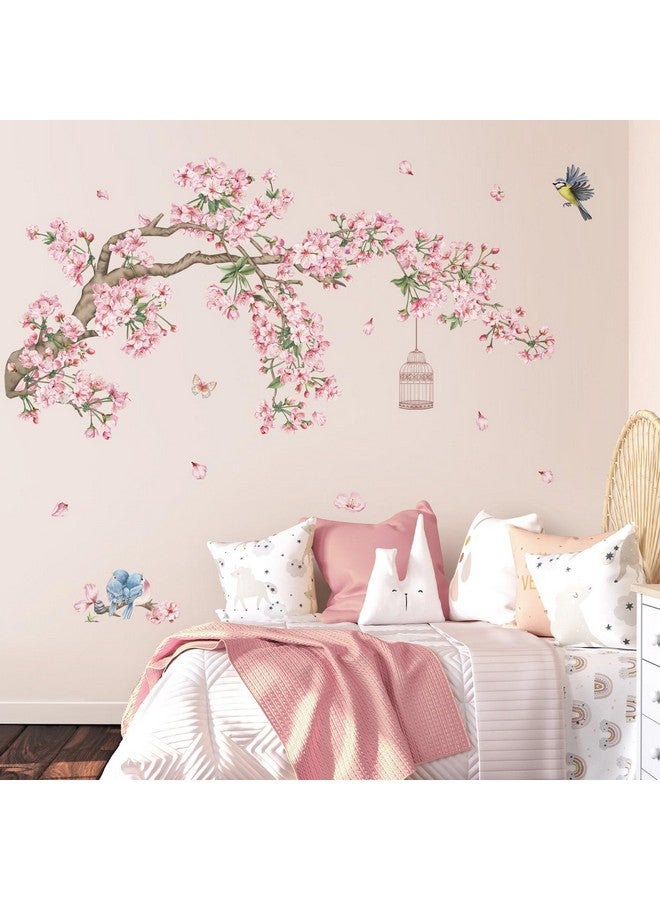 decalmile Cherry Blossom Tree Branch Wall Decals Pink Flower Birds Wall Stickers Bedroom Living Room Sofa TV Background Wall Decor - Image 3