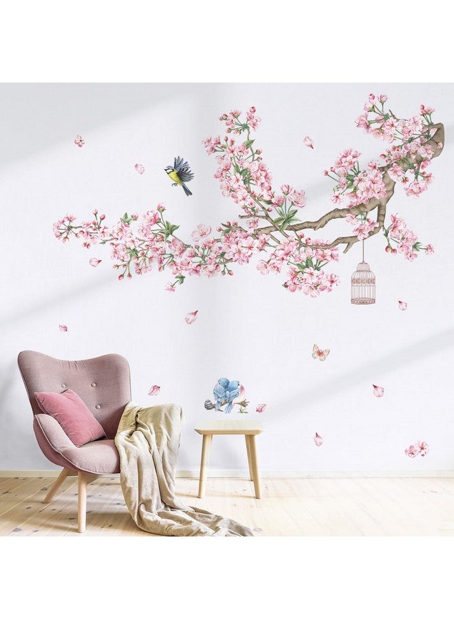 decalmile Cherry Blossom Tree Branch Wall Decals Pink Flower Birds Wall Stickers Bedroom Living Room Sofa TV Background Wall Decor - Image 2