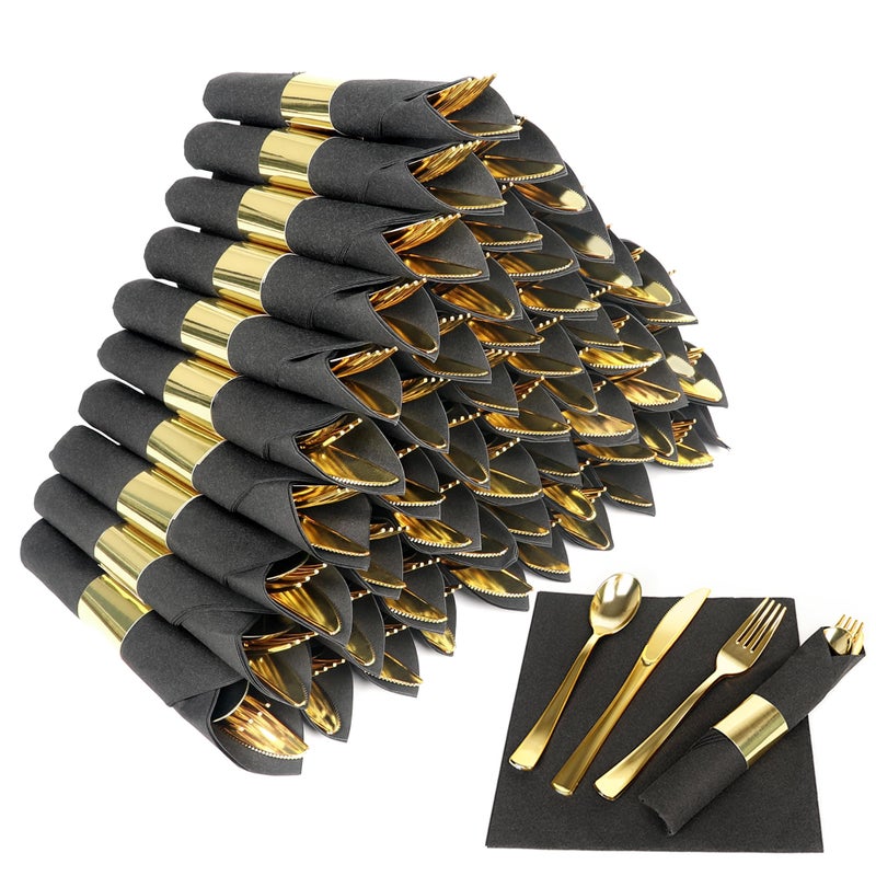 Dlebay 50 Pack Pre Rolled Gold Plastic Silverware Set Wrapped Plastic Cutlery Set with Napkin Include 50 Forks 50 Spoons 50 Knives and 50 Black Napkins for Party  Wedding - Image 1