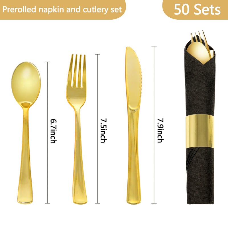 Dlebay 50 Pack Pre Rolled Gold Plastic Silverware Set Wrapped Plastic Cutlery Set with Napkin Include 50 Forks 50 Spoons 50 Knives and 50 Black Napkins for Party  Wedding - Image 2