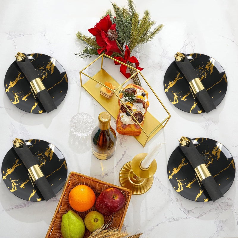 Dlebay 50 Pack Pre Rolled Gold Plastic Silverware Set Wrapped Plastic Cutlery Set with Napkin Include 50 Forks 50 Spoons 50 Knives and 50 Black Napkins for Party  Wedding - Image 5