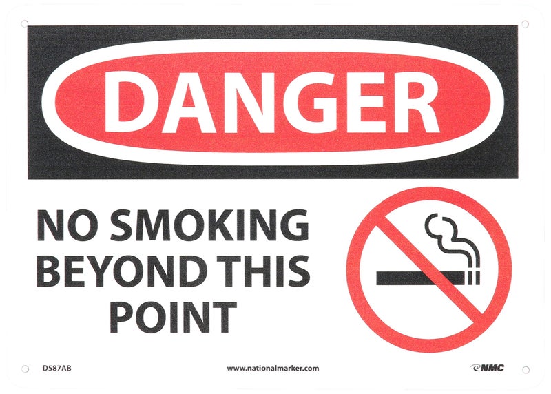 NMC D587AB DANGER - NO SMOKING BEYOND THIS POINT Sign - 14 in. x 10 in., Red/Black Text on White, Aluminum Danger Sign with Graphics - Image 2