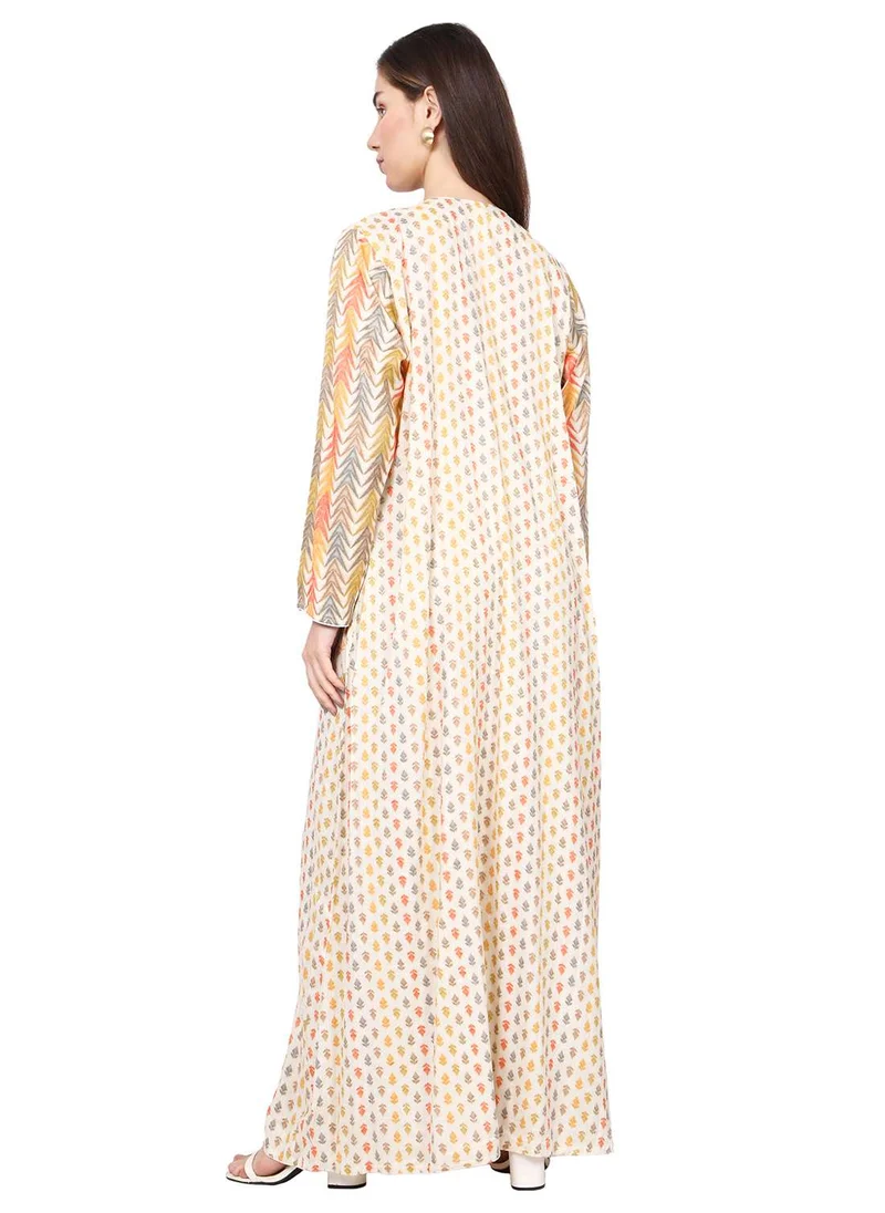 HANA & SARA CASUAL ELEGANT PRINTED DESIGN WITH FRONT EMBROIDERY SMOCKING ARABIC KAFTAN JALABIYA DRESS